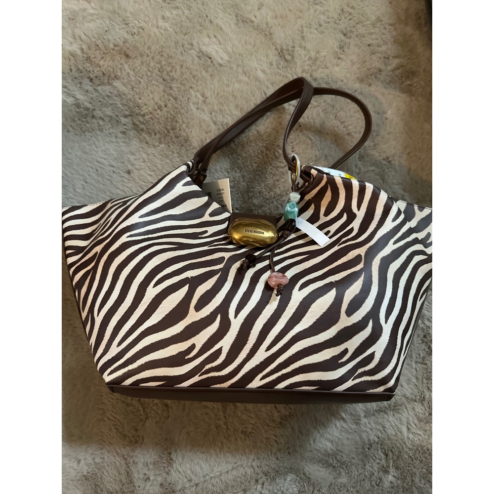Steve Madden Boarcey Zebra Print Tote Bag Brown Cream Gold Hardware New with Tag